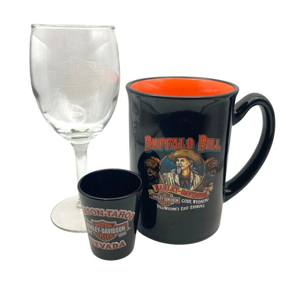 Harley Davidson Logo Combo with Shot Glass Coffee Mug and Wine Glass - Picture 1 of 7